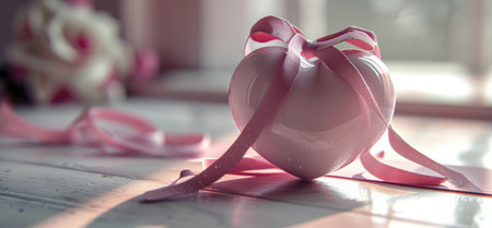 a white heart in pink on a table with ribbon and bow.の素材