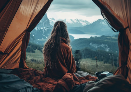 beautiful girl in tent, with mountains and lake around her.の素材