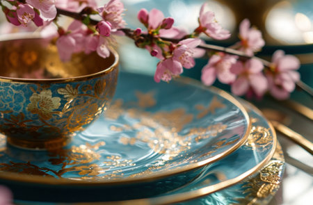 blue, gold, and pink table setting.の素材