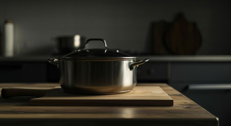 an iron pot on top of a wooden surface in a kitchen.の素材