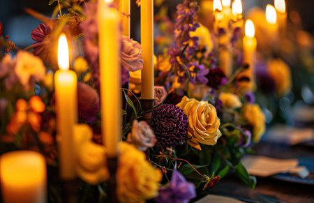 candle lights and table setting with yellow and purple flowers.の素材