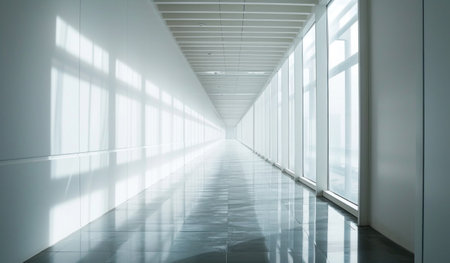 an empty hallway with a light and white.の素材