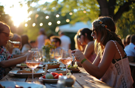 guests at an outdoor event are eating outdoors in glasses of wine.の素材
