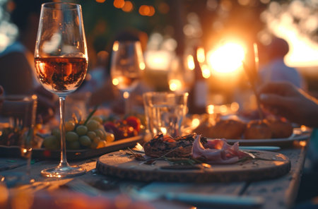 guests at an outdoor event are eating outdoors in glasses of wine.の素材