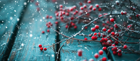 red holly berries against a wooden backdrop with snow.の素材