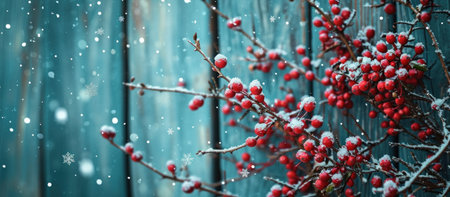 red holly berries against a wooden backdrop with snow.の素材