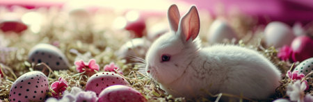 stuffed rabbit and easter eggs.の素材