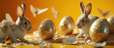 rabbits behind golden eggs in front of an orange background.の素材