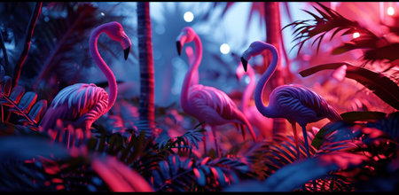 colorful tropical background with neon flamingos.の素材