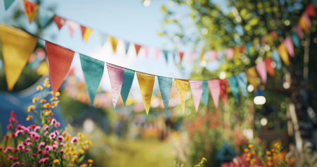 colorful flag buntings are being held and hung outside.の素材