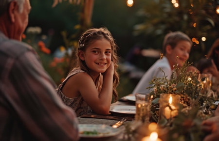 family with a young girl at an outdoor dinner party.の素材