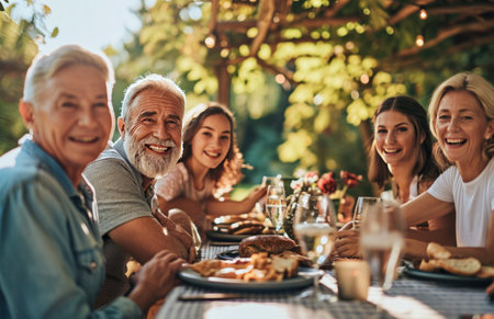 family smiling for the camera at a family table outdoors.の素材