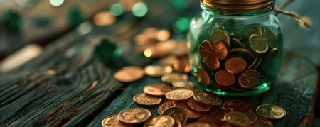 the red shamrock and gold coins in a jar with a shamrock in the middle.の素材