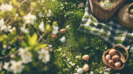Easter-themed elements. The lush greenery, blossoming flowers, and scattered eggs.の素材