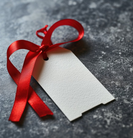white tag with red ribbon hanging on grey.の素材