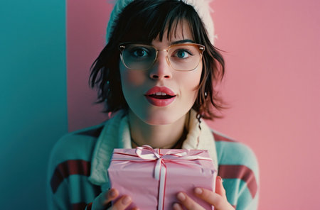 woman holding a couple of birthday gifts happy woman gifts.の素材