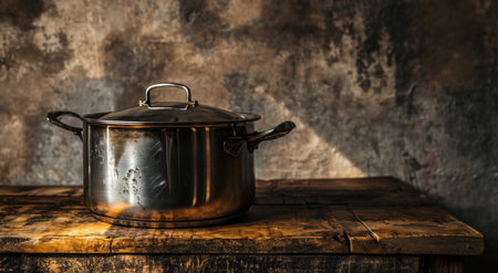an iron pot on top of a wooden surface in a kitchen.の素材