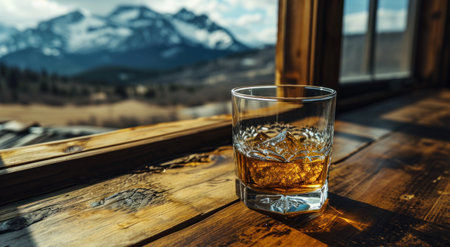 an empty glass of whiskey and mountains.の素材