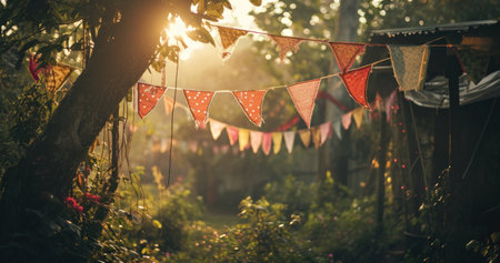 an outdoor garden scene with colored banners.の素材