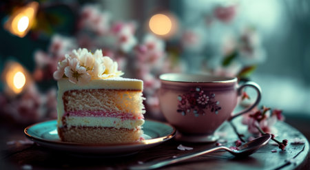 a slice of cake sits on a cup of tea.の素材