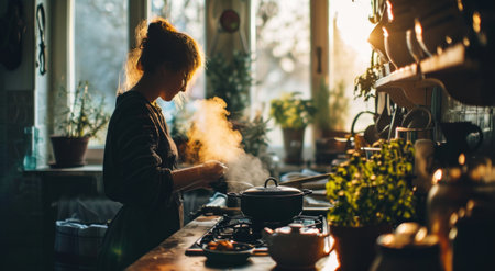 a woman in the kitchen with a steaming pot.の素材