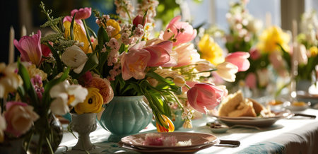 a table of beautiful flowers filled with pink, yellow and white tulips.の素材