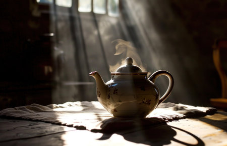 a china teapot sitting in front of a table.の素材