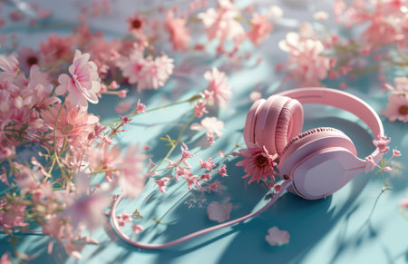 pink headphones surround a blue background with flowersの素材