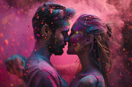 young couple celebrating holi on the day with paintの素材