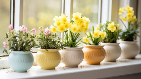 Springtime Windowsill Decor Featuring Painted Eggs and Potted Blooms.の素材