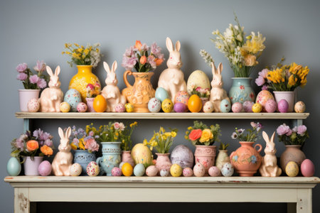 Whimsical Spring Mantelpiece Featuring Delicate Ceramic Bunnies and Colorful Eggs.の素材