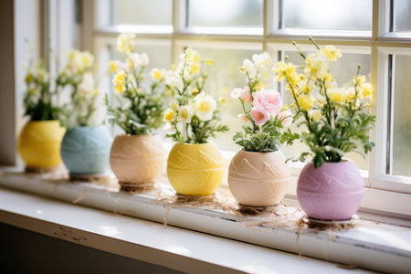 Springtime Windowsill Decor Featuring Painted Eggs and Potted Blooms.の素材