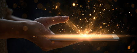 hand holding a tablet showing a light symbol, detail-oriented.の素材