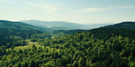 aerial shot of the forest with hills.の素材