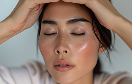 Asian woman holding her hands from forehead to nose.の素材