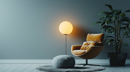 Armchair with pillow, glowing lamp, plant in pot.の素材