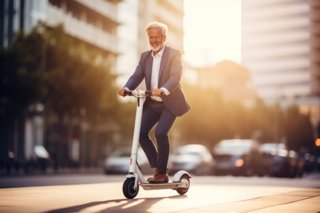 an older male businessman riding an electric scooter.の素材