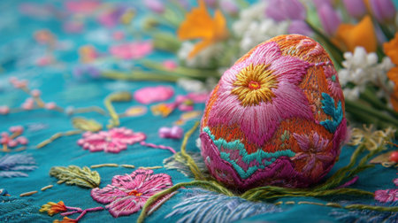 beautiful colored background embroidered with threads on the theme of Easter.の素材