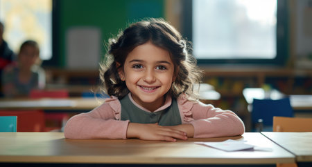 a little girl sitting at a desk and smiling.の素材