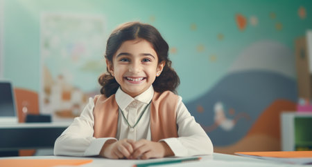 a little girl sitting at a desk and smiling.の素材