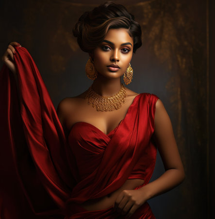 an Indian girl wearing red saree.の素材