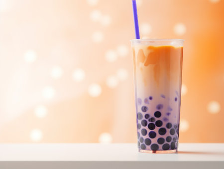 bubble tea drink on table with straw.の素材