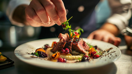 Chef decorating a dish in a restaurant. Restaurant menu.の素材