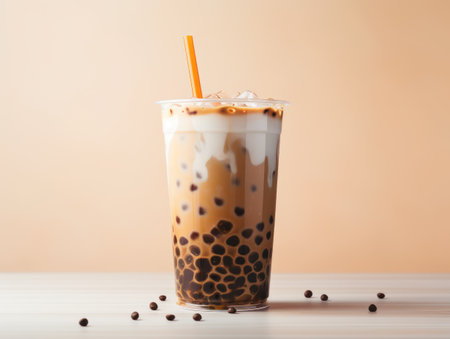 bubble tea drink on table with straw.の素材