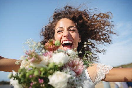 bride is throwing her bouquet in the air.の素材