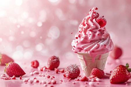 Realistic ice cream ad mockup with strawberry.の素材
