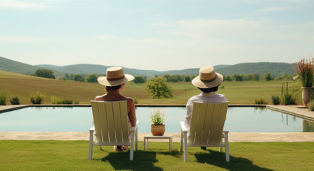 two happy women at the pool looking out.の素材