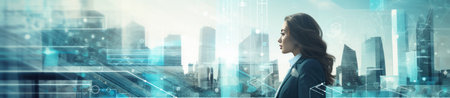 tech businesswoman in business suit on bright city background, blur texture.の素材