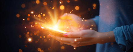 hand holding a tablet showing a light symbol, detail-oriented.の素材