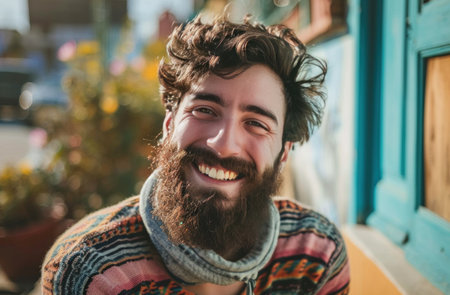 man with beard smiling outdoors.の素材